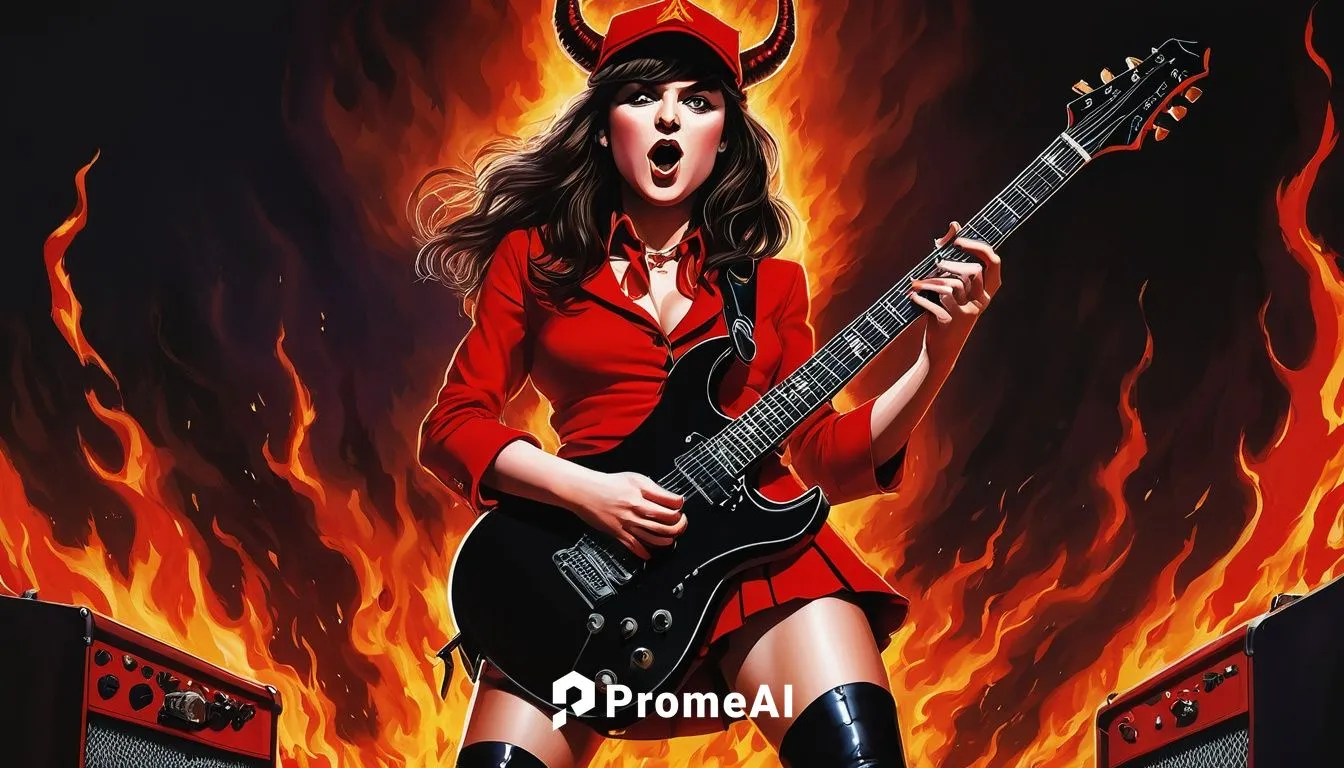 artwork illustration, single beauty girl brunette curvy huge chest huge hips, character demon girl, play electric guitar angus young, female version red school suit skirt and cap evil horns from ac/dc