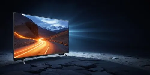 a philips tv with a dark light background cracked stone floor and mountain on the back,a flat screen tv on the side of the road,plasma tv,hdtv,oled,fractal design,television,hdtvs,Photography,General,