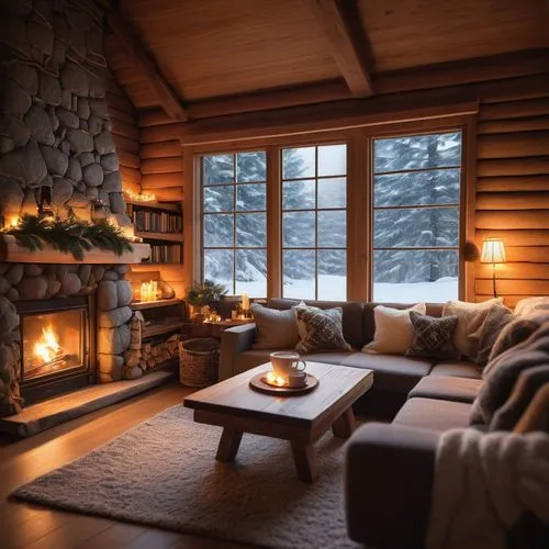 Cozy atmosphere, warm lighting, wooden cabin, snowflakes falling gently outside, large stone fireplace, crackling fire, plush blankets, comfortable couch, coffee table with steaming cup, bookshelf fil