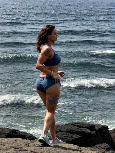 a woman on rocks with a view of the ocean,kaikini,beach background,lunges,rocky beach,ashtanga,tenille