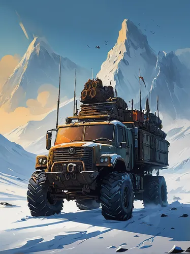 Design a thrilling and action-packed logo for an epic adventure in the icy tundra.,uaz patriot,gaz-53,kamaz,uaz-452,uaz-469,ural-375d,tracked armored vehicle,artillery tractor,military vehicle,expedit