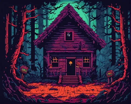 witch's house,house in the forest,cabin,lonely house,witch house,little house,the cabin in the mountains,log cabin,cottage,haunted forest,small cabin,small house,haunted house,summer cottage,the haunted house,log home,halloween wallpaper,house silhouette,treehouse,digital illustration,Unique,Pixel,Pixel 04