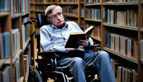 Stephen Hawking, Wheelchair, Midget, Intelligent eyes, Thick-rimmed glasses, Messy grey hair, Simple makeup, Worn-out wheelchair, Faded denim pants, Crumpled white shirt, Black leather shoes, Holding 