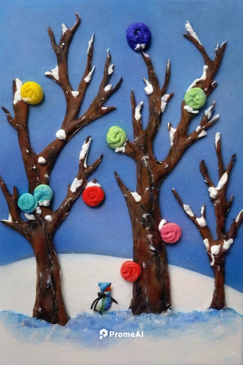 """Wintry Mix"" original fine art by Sue Dion",snowy still-life,felt christmas trees,tree decorations,pacifier tree,christmas felted clip art,snowballs,sno-ball,snowglobes,fruit tree,seasonal tree,fel