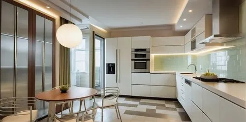 The floor is glossy beige tile, glass table, kitchen set, glossy white refrigerator, wooden countertop, metal trim handles of the refrigerator, hob, oven, microwave and extractor hood above the stove 