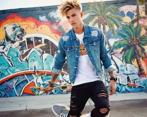 Robbie Barrat, male, 20s, short spiky hair, blue eyes, small nose ring, casual wear, denim jacket, white graphic t-shirt, ripped skinny jeans, black sneakers, skateboarding, California, sunny day, pal