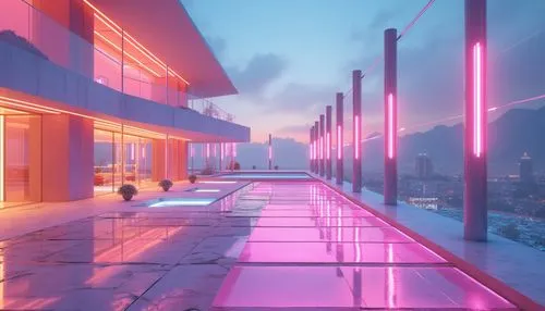 skywalks,sky apartment,hkmiami,sky space concept,futuristic landscape,penthouses,roof top pool,aesthetic,skyways,futuristic art museum,render,aqua studio,infinity swimming pool,miami,3d render,glass wall,walkway,dreamhouse,skybridge,colored lights,Photography,General,Realistic