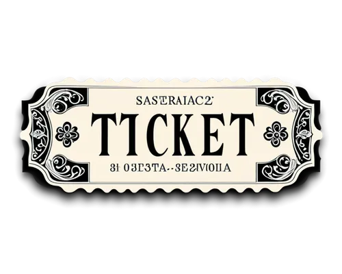 Ticket, clip art, black and white, rectangular shape, scalloped edges, ornate details, bold font, ticket number, event name, date and time, vertical orientation, close-up shot, high contrast, dramatic