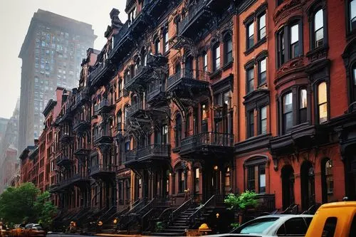 Victorian-era New York City, architectural landscape, grand buildings, intricately designed facades, ornate details, Gothic Revival style, brownstone townhouses, ironwork balconies, stained glass wind