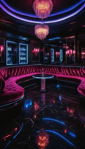 Luxurious strip club interior, dim red lighting, glossy black marble floors, mirrored walls, VIP areas with plush velvet couches, champagne bottles on ice, crystal chandeliers, pole dancing stage, DJ 