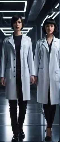 Body swap AI, futuristic laboratory setting, sci-fi theme, two people, male and female, 25yo, standing back-to-back, identical white lab coats, serious facial expressions, short black hair, minimal ma