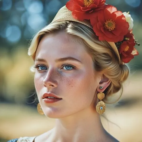 Close-up portrait of a young woman with striking features, displaying a thoughtful or introspective expression. Her face is highlighted by bright blue eyes, red lipstick, and delicate freckles dusting