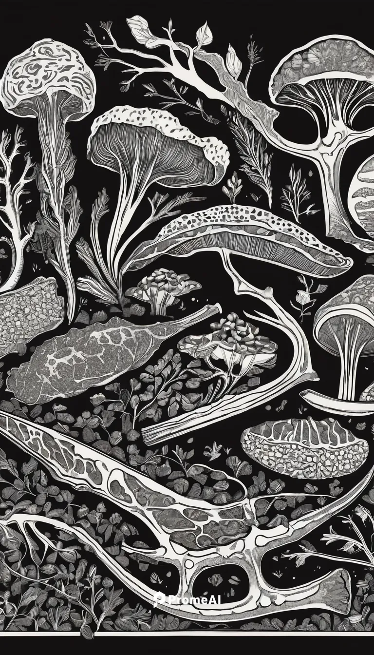 Describe a mouth-watering recipe using beef bones as the main ingredient.,mushroom landscape,agaric,fungi,mushrooms,seaweeds,woodcut,escher,jellyfish collage,stony coral,the roots of the mangrove tree