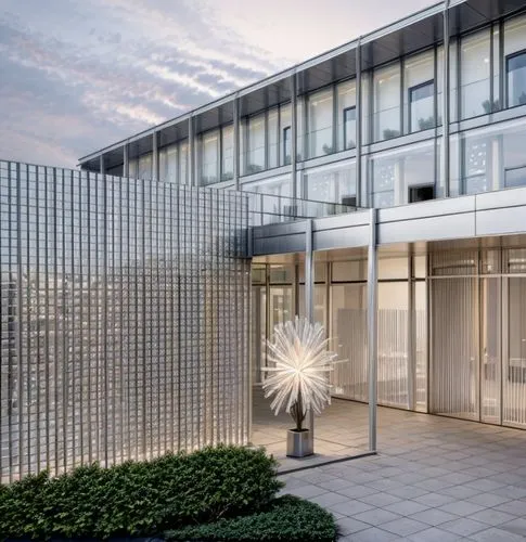 (at dusk:1.5) hotel , Hotel facade,-exterior, entrance design, white colour, restaurant  facade, good light, facade lighting , render,glass facade,wire mesh fence,landscape designers sydney,landscape 