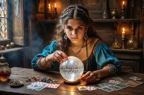 realistic photo of a gypsy teenager, wearing typical clothes, looking at a crystal ball on a rustic table, where you can see colored crystals and playing cards. Highly detailed, expressive, hyper-real