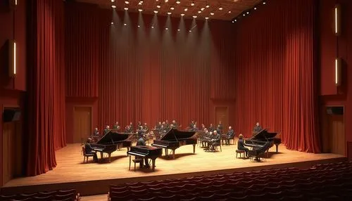 Luxurious concert hall, velvet curtains, polished wooden floors, grand pianos, suspended soundboards, acoustic panels, premium loudspeakers, intimate seating arrangements, soft warm lighting, shallow 