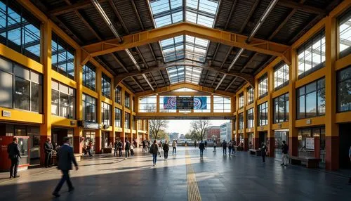 Vibrant train station, modern industrial architecture, exposed steel beams, polished concrete floors, bright LED lighting, dynamic signage systems, urban cityscape, bustling crowds, rush hour atmosphe