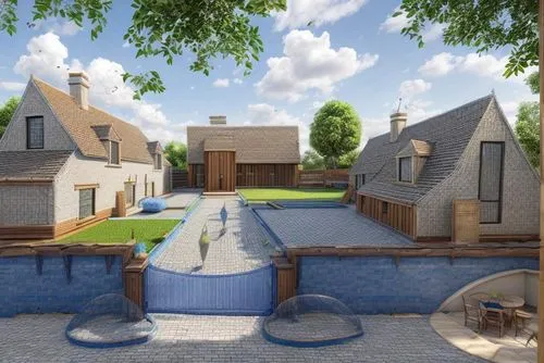 dug-out pool,3d rendering,new housing development,moated,knight village,thatch roofed hose,mud village,outdoor pool,cottages,escher village,crown render,frisian house,garden buildings,housebuilding,houses clipart,straw roofing,eco-construction,moated castle,stables,pool house,Common,Common,Natural