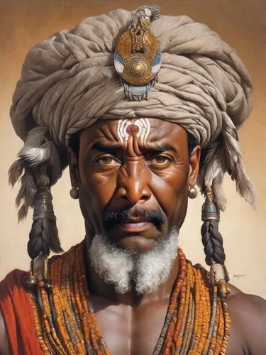 The intricate details of a unique portrait depict a majestic North African man with piercing eyes and muscular arms and he has a rugged demeanor. The painting is an intricate and captivating piece tha