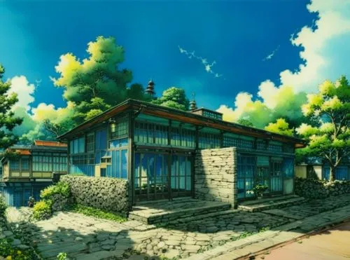 an animated picture of a big house and some trees,ryokan,korean folk village,sungkyunkwan,higurashi,ecovillage,wakanohana,Illustration,Japanese style,Japanese Style 14