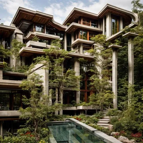 blur the background and foreground
,an unusual building with multiple floors and tall trees,fallingwater,burnaby,modern architecture,atriums,coquitlam,residential,Architecture,Villa Residence,Modern,O