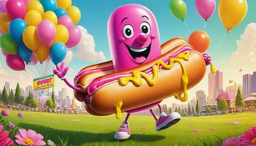 Fun-loving cartoon mascot, Pepto Bismol hot dog character, brightly colored costume, yellow and pink stripes, big smile, shiny eyes, holding a giant hot dog, relish and mustard dripping down, sunny da