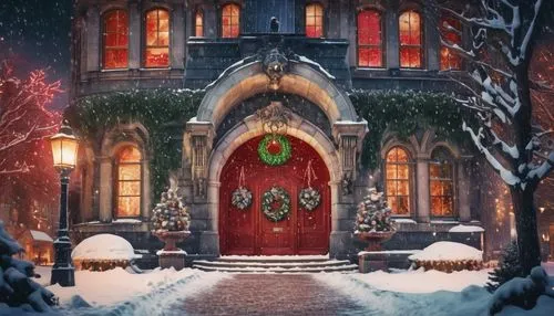 christmas wallpaper,christmas snowy background,christmas background,christmasbackground,santa's village,christmas house,christmas scene,fairy door,watercolor christmas background,christmas movie,front door,north pole,christmas window on brick,door wreath,christmas motif,christmas trailer,christmas landscape,winter house,christmas town,christmas wreath,Illustration,Realistic Fantasy,Realistic Fantasy 47