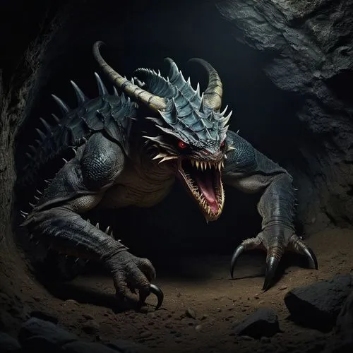 In the dimly lit underground lair, the monstrous creature unfurled its pincers, ready to strike.,a dragon with large, sharp teeth is posed in the cave,anguirus,jaggi,gopendra,gigan,painted dragon,drag