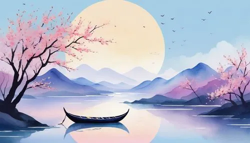 Lunar New Year. Minimalist landscape, watercolor style. A meandering river featuring a boat draped with blossoms. Abstract painting. Zen. Cover image with light abstraction. Simple vector art Contempo