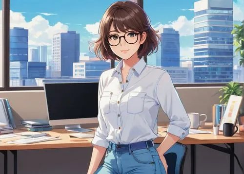 Young female intern, interior design student, 20yo, messy bob hair, black framed glasses, minimal makeup, casual white button-down shirt, high-waisted blue jeans, sneakers, holding a large portfolio, 