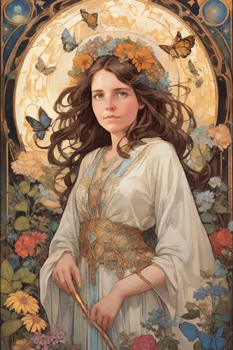 girl picking flowers,art nouveau,mucha,mystical portrait of a girl,girl in flowers,girl in a wreath,girl picking apples,girl with bread-and-butter,girl with cereal bowl,girl in the garden,joan of arc,lillian gish - female,art nouveau design,fantasy portrait,art nouveau frame,portrait of a girl,vanessa (butterfly),eglantine,child portrait,russian folk style