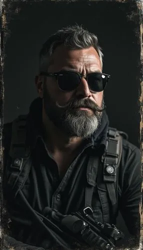 Authentic photos of Delta Force on a black blacground, with exquisite details, mixed textures of black and white. A man with Beard And rayban sunglasses, cinematic style . Showcasing high-end loadout.