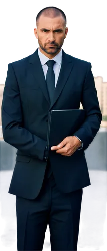 Authority figure, powerful businessman, 40yo, strong facial features, serious expression, black suit, white shirt, black tie, luxury watch, holding folder, standing, confident posture, cityscape backg