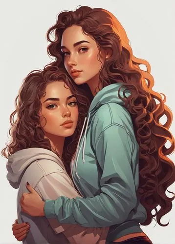 2girls on picture, cuddle, strong female character, youngwoman in short unbuttoned halfweatshirt with hoodie revealing the shoulders, long strong wavy curly flared hair, brown hair, vector fashion ,wl