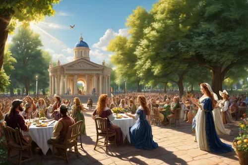 Envision a joyful alfresco concert in a park on a sunny day.,easter festival,easter celebration,holy supper,christ feast,church painting,holy communion,religious celebration,communion,garden party,col