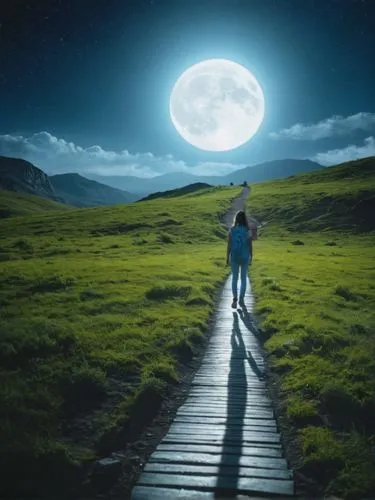 эти люди идут в небеса по лунной дорожке,a young woman walks alone on the path near the moon,moonwalked,moonwalker,moonwalks,moon walk,moonwalk,moonwalking