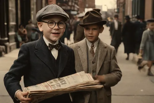 A scene showing Warren Buffett's being an 11 - year - old boy selling newspapers on the streets of Omaha, Nebraska, in 1930,albert einstein and niels bohr,people reading newspaper,1940s,1950s,twenties