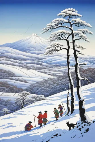 snow scene,skiers,christmas landscape,snow in pine tree,korean village snow,snow landscape,mountain scene,cool woodblock images,snow slope,japanese mountains,winter landscape,the chubu sangaku national park,ski mountaineering,ski touring,cross-country skiing,gongga snow mountain,pine tree,snow figures,japan landscape,snow trees,Illustration,Japanese style,Japanese Style 05