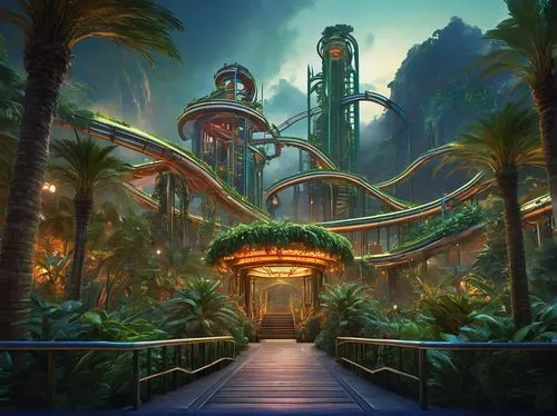 futuristic landscape,ioa,kumba,stemwinder,lagoon,shambhala,fantasy city,amusement park,diamond lagoon,the disneyland resort,bioshock,tropical jungle,tropicana,cartoon video game background,europa park,ecotopia,nasstrom,fantasy world,california adventure,atlantis,Conceptual Art,Fantasy,Fantasy 05