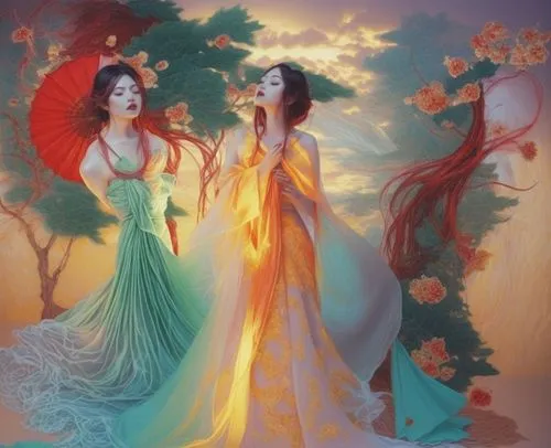 An amazing nude japanese young woman  with red lips and green eyes,two young asian women dressed in beautiful evening gowns,rhinemaidens,priestesses,ao dai,celtic woman,enchanters,countesses,Illustrat