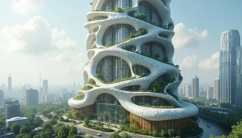 futuristic architecture,arcology,ecotopia,biomimicry,helix,the energy tower,interlace,honeycomb structure,futuristic landscape,solar cell base,residential tower,building honeycomb,biospheres,biopiracy,dna helix,cellular tower,sky space concept,electric tower,bjarke,urban towers,Photography,General,Realistic