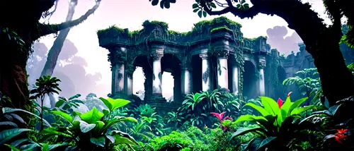 philodendrons,tropical forest,rainforest,jungles,jungle,ruins,rain forest,tropical jungle,gondwanaland,elven forest,jungly,rainforests,fairy forest,biomes,yavin,mausoleum ruins,fairy world,cartoon video game background,overgrowth,background ivy,Conceptual Art,Sci-Fi,Sci-Fi 29