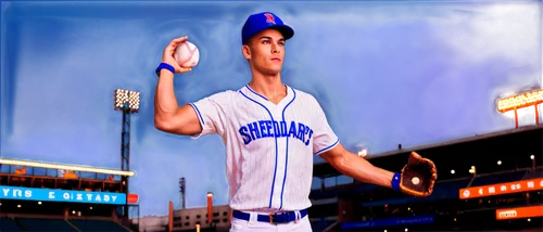 Male athlete, 3D pitcher, baseball uniform, white jersey, blue pants, athletic build, muscular arms, focused expression, sweaty forehead, messy short hair, worn-out baseball glove, holding baseball, t