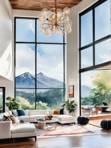 modern living room,living room,livingroom,sunroom,luxury home interior,loft,beautiful home,interior modern design,contemporary decor,home interior,modern decor,sitting room,house in the mountains,alpine style,mountainview,house in mountains,mountain view,minotti,big window,interior design,Illustration,Paper based,Paper Based 25