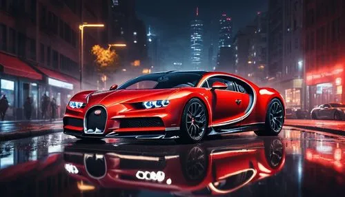 Fire-red Bugatti Chiron, luxury sports car, sleek design, glossy paint, chrome rims, low-angle shot, dramatic lighting, smoke effects, urban cityscape, nighttime, skyscrapers, neon lights reflection, 