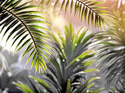 Palm tree, solo, black trunk, green leaves, curved branches, slender shape, morning dew, soft sunlight filtering through leaves, 3/4 composition, shallow depth of field, warm color tone, cinematic lig