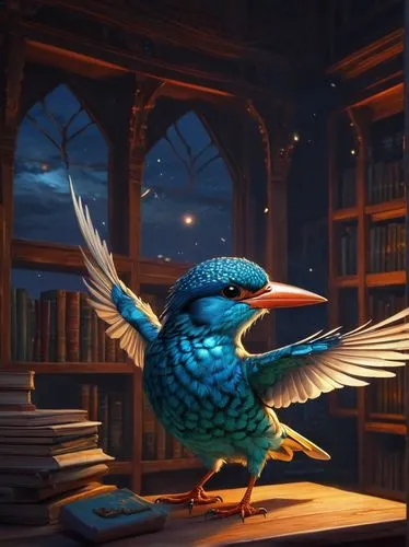 ravenclaw,alcedo,reading owl,nocturnal bird,night bird,bird illustration,book wallpaper,alcedo atthis,libris,blue bird,nightbird,an ornamental bird,miniaturist,sci fiction illustration,bookish,quill,scholar,brisingr,fairywren,ornithology,Illustration,Realistic Fantasy,Realistic Fantasy 44