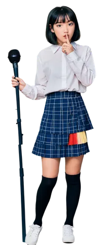 W8ben, Japanese idol, solo, (18yo), cute detailed eyes, light blush, short black hair, fringe, white shirt, plaid skirt, knee-high socks, sneakers, holding microphone, standing, Kawaii, pastel color t