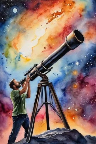 Describe the excitement of an astrophile discovering a new galaxy through a powerful telescope.,astronomer,telescope,astronomy,telescopes,astronomers,astronomical,spotting scope,chalk drawing,skywatch