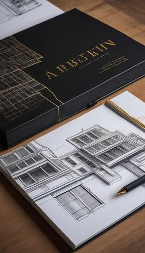 Modern 10-page architecture portfolio, sleek black leather-bound cover, golden metallic lettering, crisp white paper, precise architectural drawings, intricate building designs, detailed floor plans, 